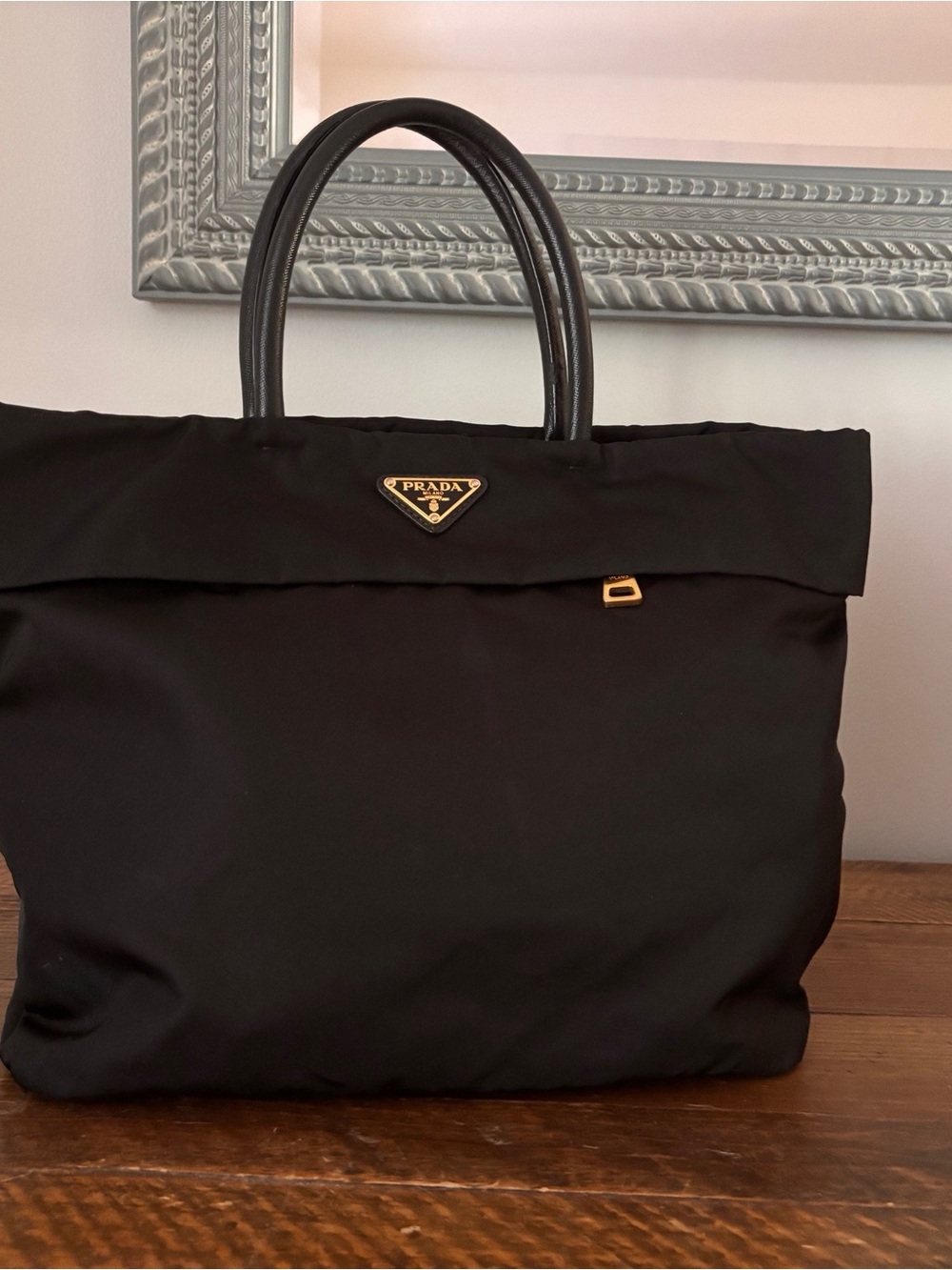 Prada Black Nylon Tote with Black Leather Handles and Gold Hardware